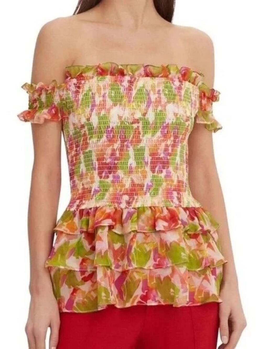 Caroline Constas Off-Shoulder Ruffle Smocked Top in Pink, Green, Orange Large